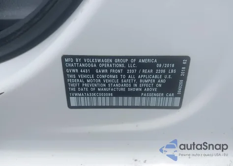 2019 Volkswagen Passat 2.0T Se R-Line from USA, damaged, VIN 1VWMA7A33KC003098